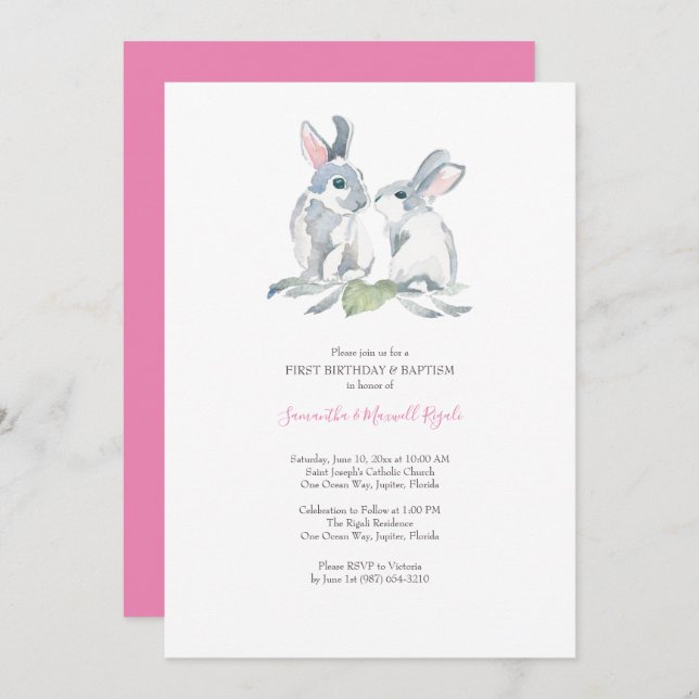 Aquarelle Bunny de Pâques Invitations Filles Anniv (Devant / Derrière)