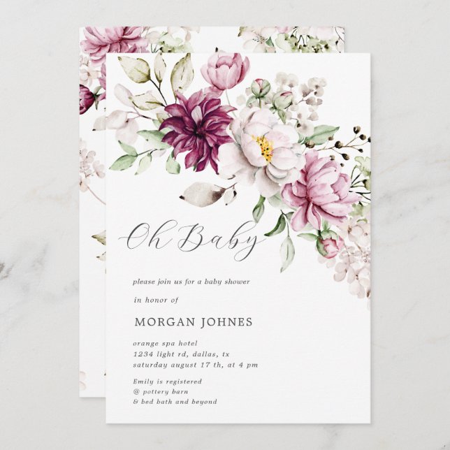 aquarelle burgundy peonies baby shower invitation (Devant / Derrière)