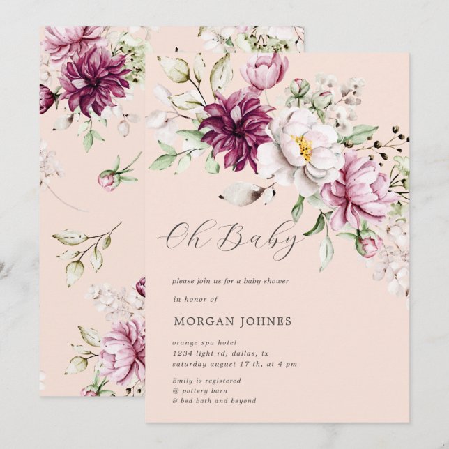 aquarelle burgundy peonies baby shower invitation (Devant / Derrière)