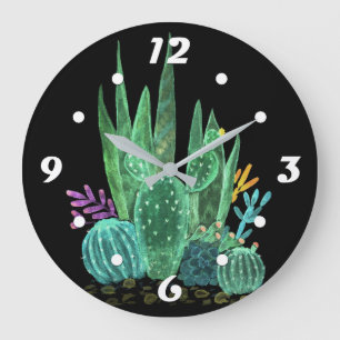 Aquarelle, cactus, fleurs grand horloge