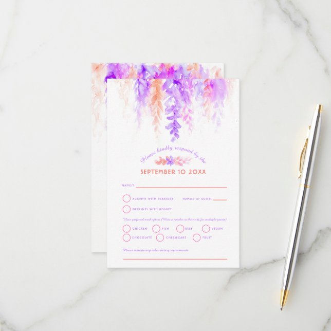 Aquarelle cascade mariage violet orange rose RSVP (Devant/Arrière en situation)