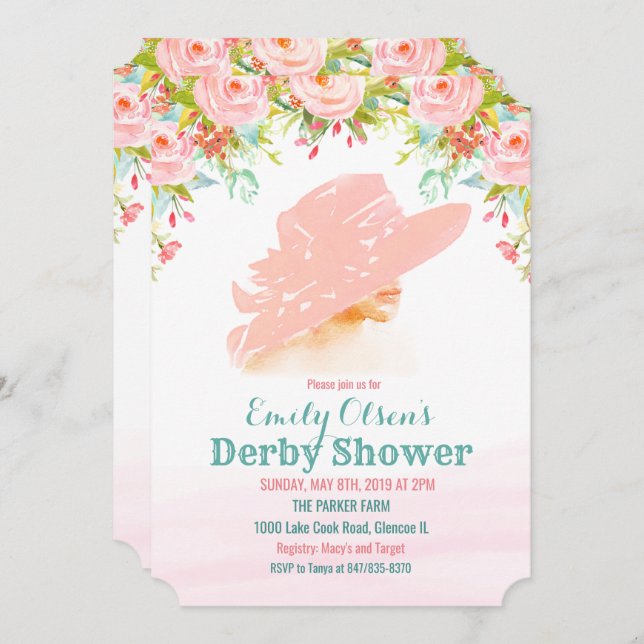 Aquarelle Casquette Floral Derby Douche Invitation (Devant / Derrière)