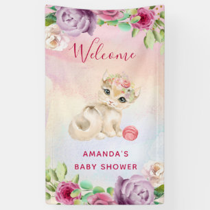 Aquarelle Chat bébé et bannière Fleurs