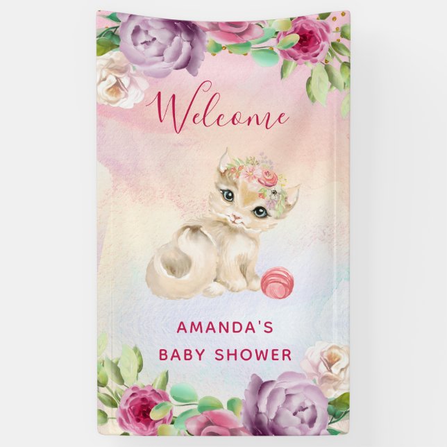 Aquarelle Chat bébé et bannière Fleurs (Vertical)