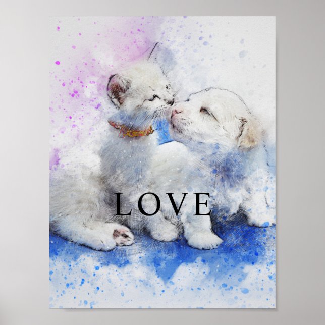 Aquarelle Chat & Chien Bureau Décor Matte Poster (Devant)