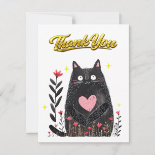 Aquarelle Chat Noir Floral avec Cœur Merci