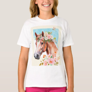Aquarelle Cheval et Fleurs Art Girls T-shirt