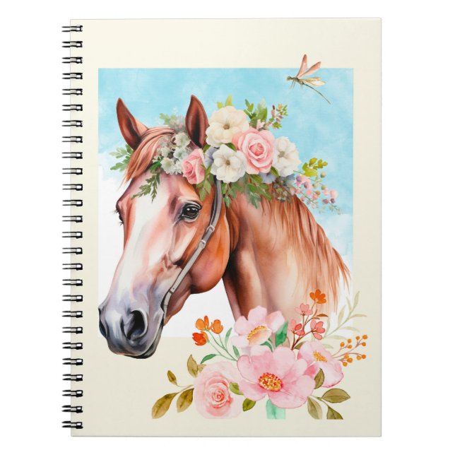 Aquarelle Cheval et Fleurs Carnet Journal (Devant)
