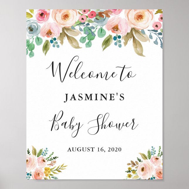 Aquarelle Chic Baby shower Floral Affiche de bienv (Devant)