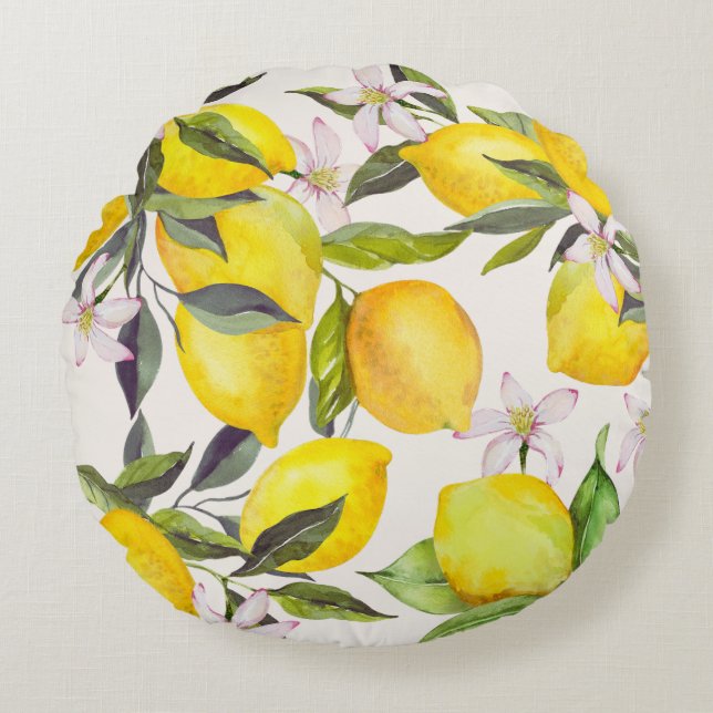 Aquarelle Citron jardin Coussin rond (Devant)