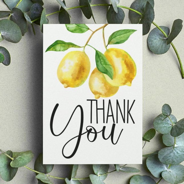 Aquarelle Citron jaune Carte de remerciements (Watercolor lemon drop thank you flat card features fun typography as well as citrus watercolor.)