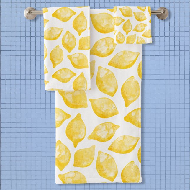 Aquarelle Citron Motif (Modern citrus lemon fruit watercolor art bathroom towel set)