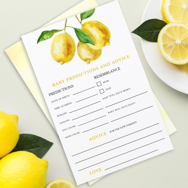 Aquarelle citron prédictions bébé jeu de conseils (Lemon drop watercolor baby advice and predictions baby shower activity. Games for Baby Showers.)