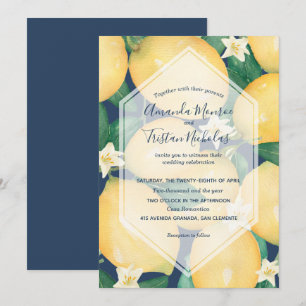 Aquarelle citrons sur la marine Blue Wedding Invit
