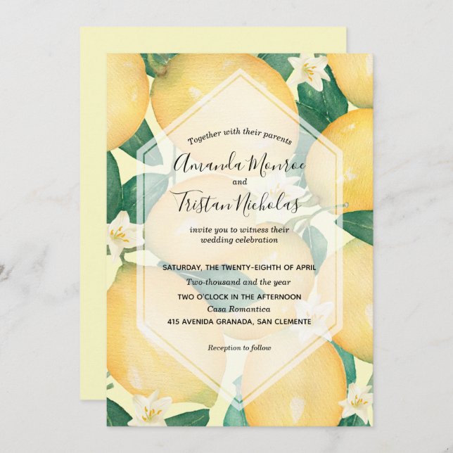 Aquarelle Citrons Vert Mariage Invitations (Devant / Derrière)
