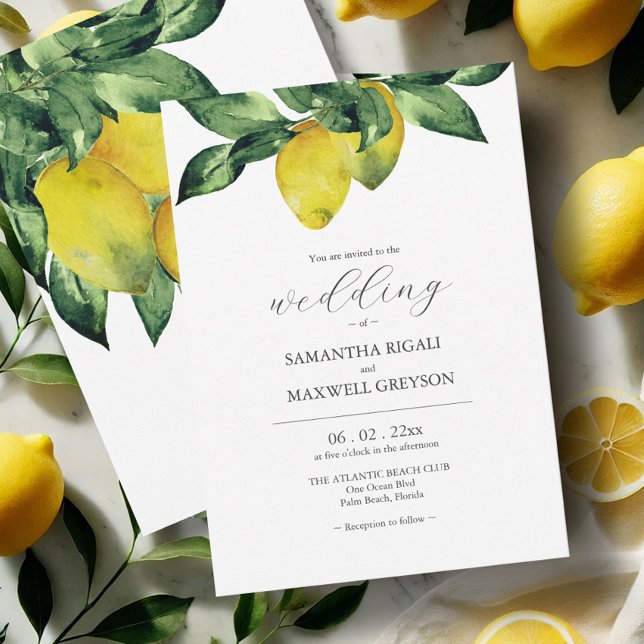 Aquarelle Citrus Mariage Invitations (Watercolor wedding invitations lemon art by Victoria Grigaliunas of Do Tell A Belle)