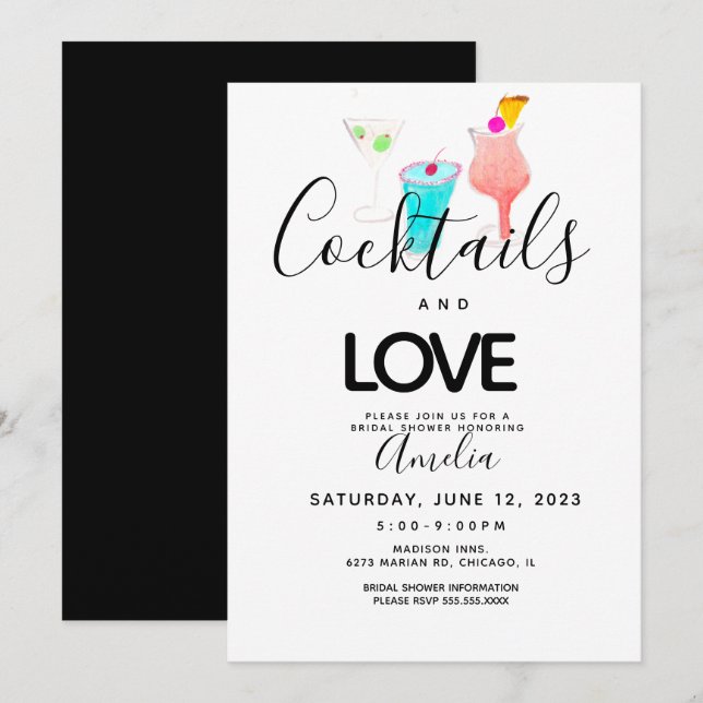 Aquarelle Cocktails Art Bridal Douche Invitation (Devant / Derrière)