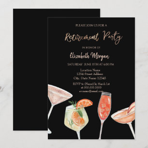 Aquarelle Cocktails Black Retirement Invitation