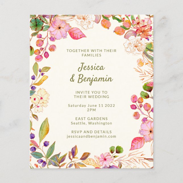 Aquarelle colorée Budget Mariage floral Inviter (Devant)
