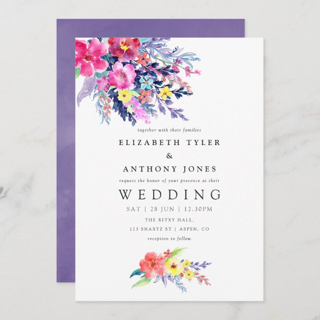 Aquarelle colorée Faire-part de mariage Floral (Devant / Derrière)