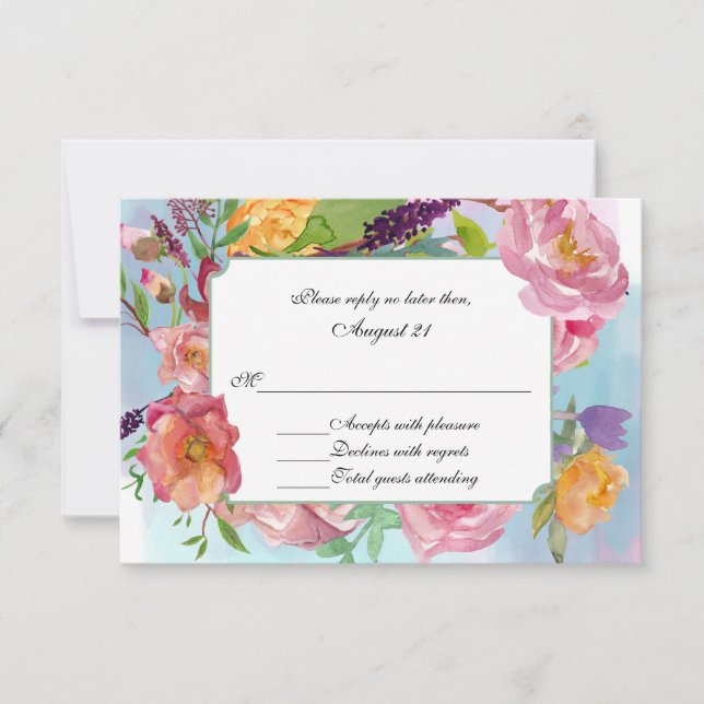 Aquarelle colorée Mariage floral carte RSVP (Devant)