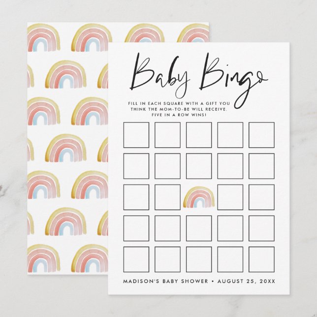 Aquarelle colorée Rainbow Baby shower Bingo Card (Devant / Derrière)