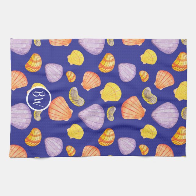 Aquarelle Coquillages Monogramme Serviettes de cui (Horizontal)