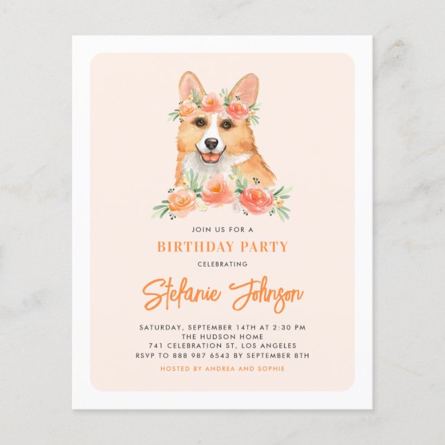 Aquarelle Corgi Peach Invitation de fête d'anniver (Devant)