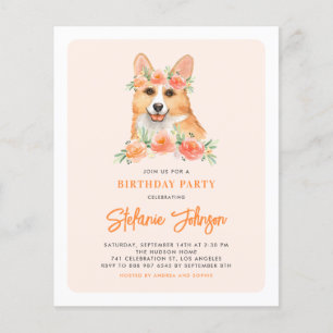 Aquarelle Corgi Peach Invitation de fête d'anniver