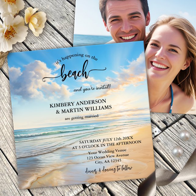 Aquarelle côtière Plage Mariage Invitation (An elegant photo wedding invitation featuring a watercolor painting of a beach on a sunny day)