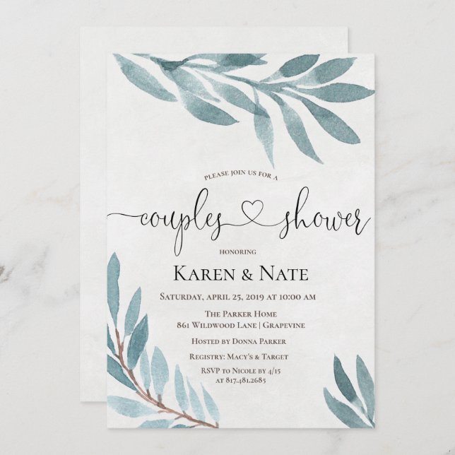 Aquarelle Couples Douche Invitation botanique (Devant / Derrière)