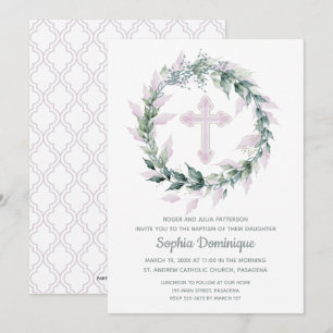 Aquarelle couronne rose Croix Baptême Invitations