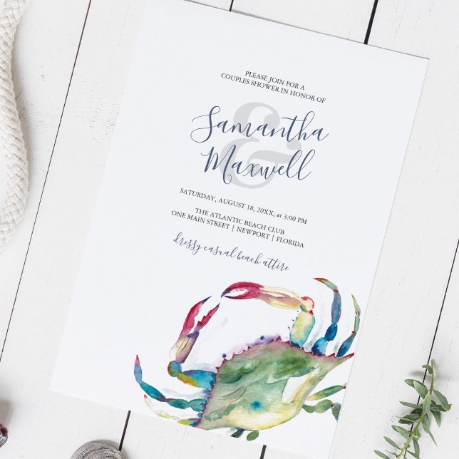 Aquarelle Crabe Côtier Couples Douche (Couples shower invitations blue and green watercolor crab printable or printed )