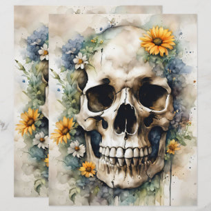 Aquarelle crâne avec papier Fleur sauvage