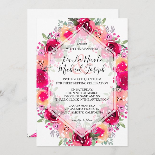 Aquarelle Crème rose Floral Invitations de mariage (Devant / Derrière)