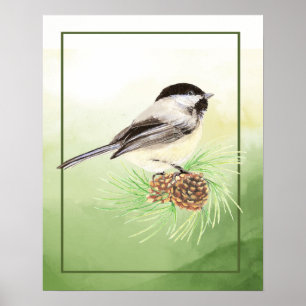 Aquarelle Cute Pickadee Oiseau Pine Poster