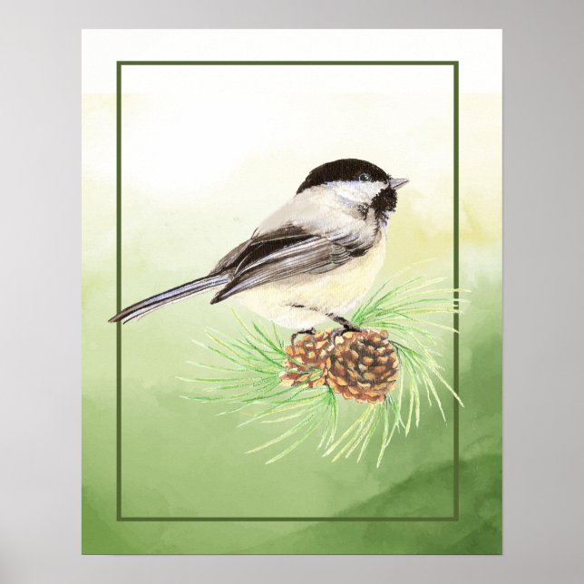 Aquarelle Cute Pickadee Oiseau Pine Poster (Devant)