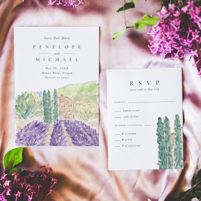 Aquarelle Cypress Arbres Mariage RSVP (Watercolor Lavender Fields destination wedding RSVP response card.)