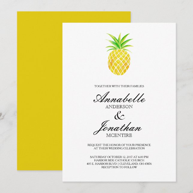 Aquarelle d'ananas Faire-part de mariage tropicale (Devant / Derrière)