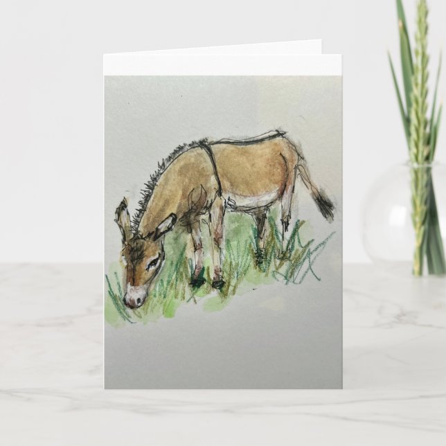 Aquarelle d'âne sur carte de vœux pliée (Devant)
