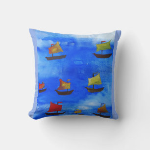 Aquarelle de bateau Coussin bleu mer