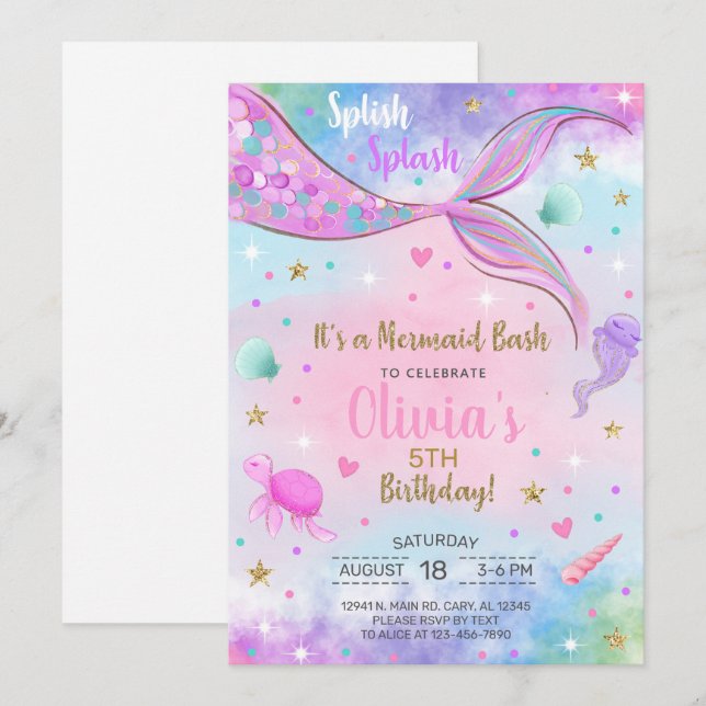 Aquarelle de fille sirène et invitation d'annivers (Devant / Derrière)