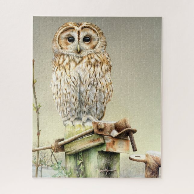 Aquarelle de hibou tawny et puzzle d'art gouache (Vertical)
