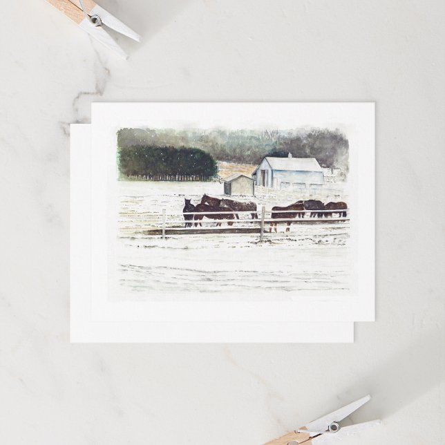 Aquarelle de la ferme hivernale (Winter Horse Farm Watercolor by Jenn Steffen Art for Jenn's Emporium.)