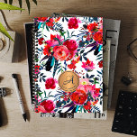 Aquarelle de la Marine Rouge Floral Cuivre Nom du<br><div class="desc">Plannière féministe maximaliste romantique avec aquarelle printemps et été rouge, corail, orange brûlé, bleu nuit foncé et vert peint à la main fleurons, plumes et feuillage. Personnalisez-le avec votre monogramme et nom à l'intérieur du cercle en cuivre métallique avec une élégante police de calligraphie de script modifiable ! Il peut...</div>