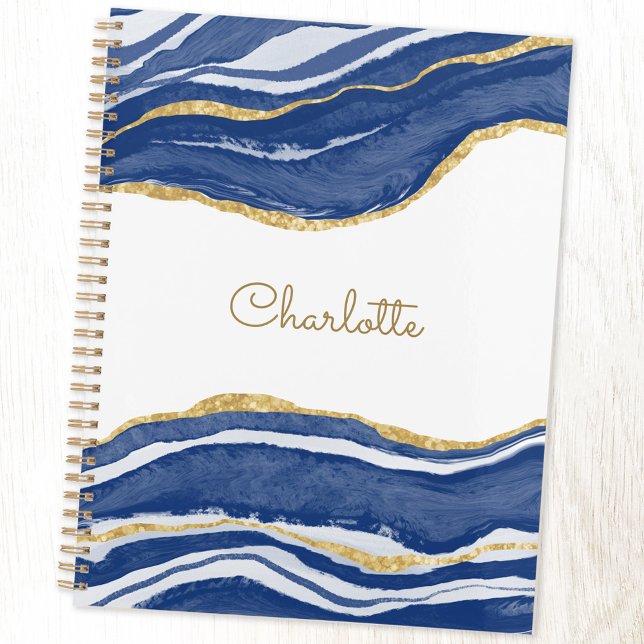 Aquarelle de Parties scintillant d'or Agate bleu p (Blue agate marble personalized custom name planner with hard or soft cover)