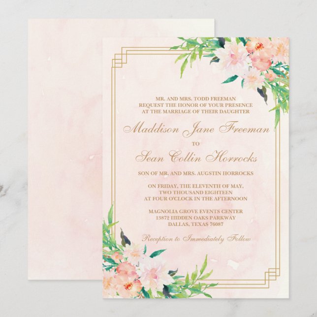 Aquarelle de pêche et Faire-part de mariage floral (Devant / Derrière)