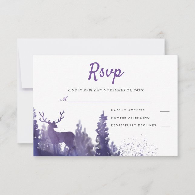 Aquarelle de rennes violet Mariage d'hiver RSVP (Devant)