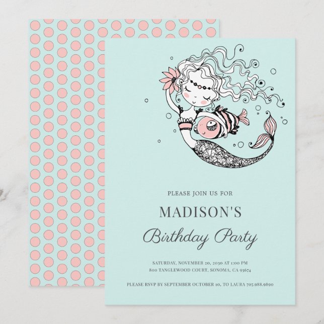 Aquarelle de sirène Invitation d'anniversaire (Devant / Derrière)