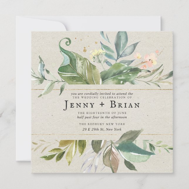 Aquarelle de verdure | Mariage carré floral rose (Devant)